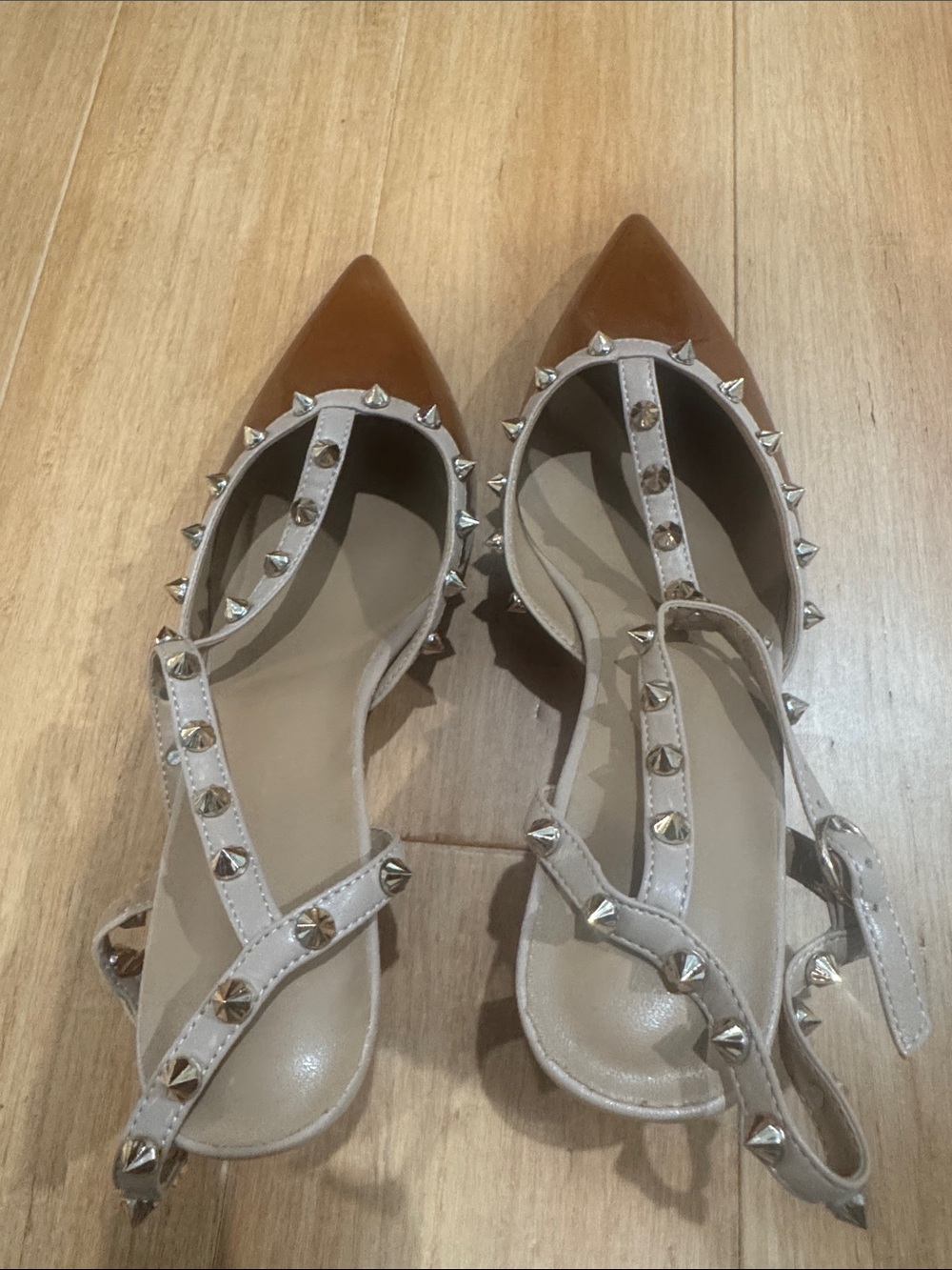 Pointed Studded T-Strap Flats in Beige and Brown